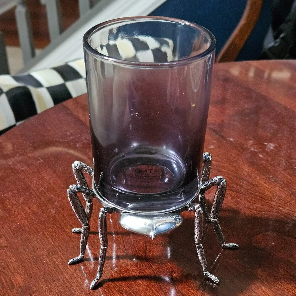 RARE HALLOWEEN METAL SCARY SPIDER RED EYES WATER BAR GLASS GOBLET CANDLE HOLDER